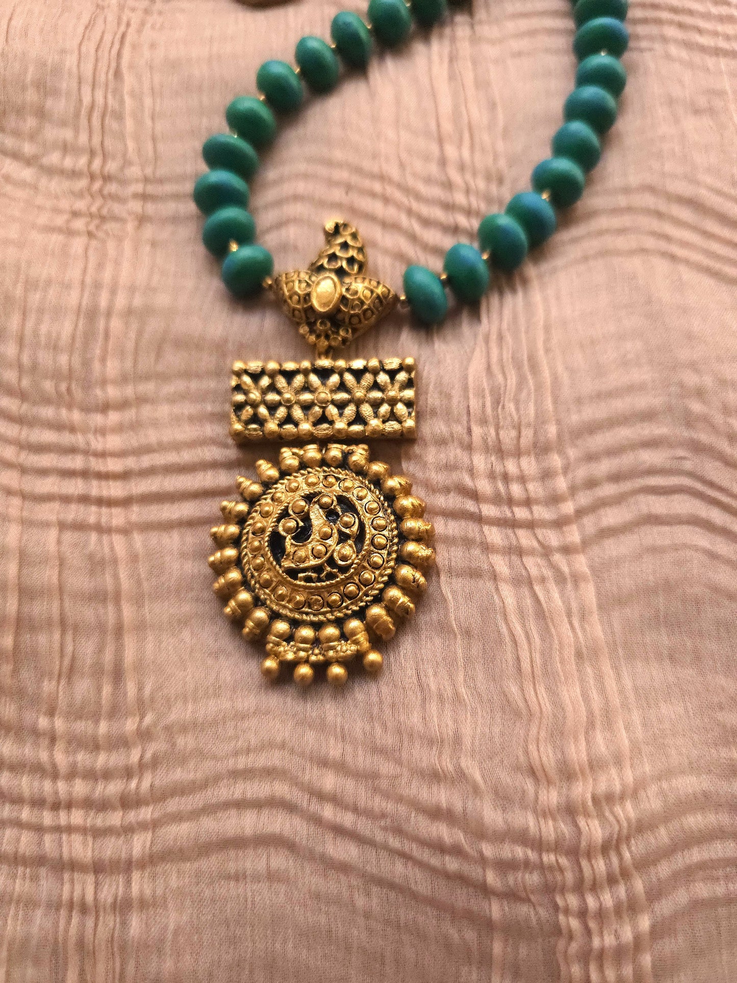 The Mayura Chandrika Antique Gold Peacock & Turquoise Bead Terracotta Set