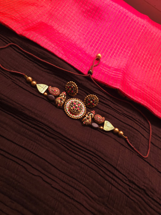 The Mayura Mandala Antique Gold & Crimson Choker Terracotta Set