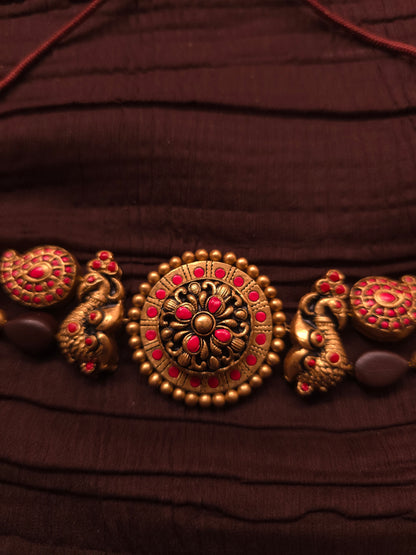 The Mayura Mandala Antique Gold & Crimson Choker Terracotta Set