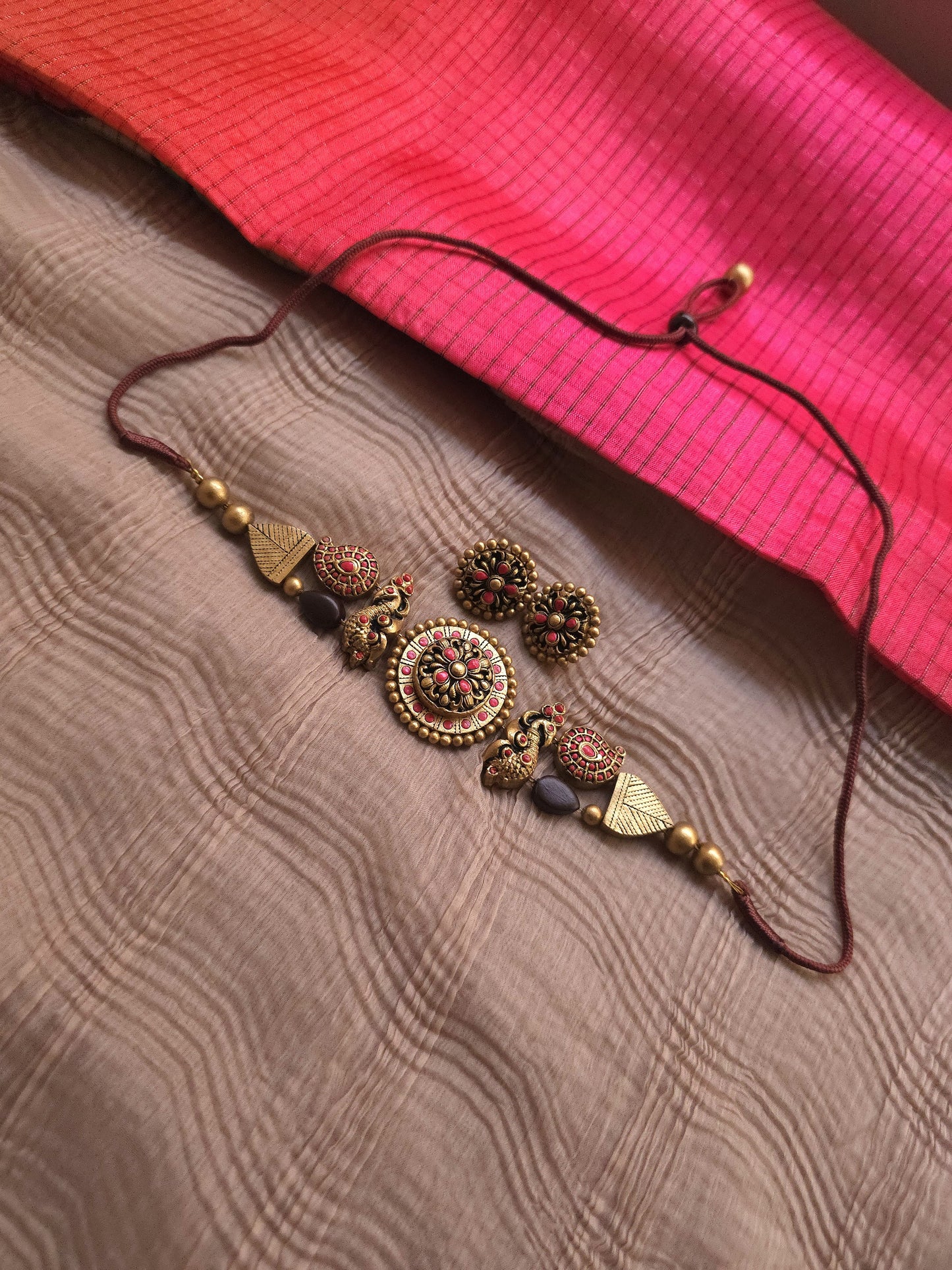 The Mayura Mandala Antique Gold & Crimson Choker Terracotta Set