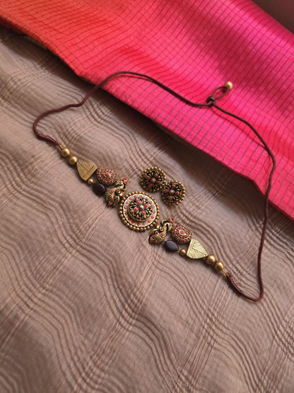 The Mayura Mandala Antique Gold & Crimson Choker Terracotta Set