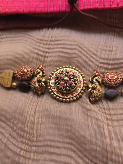 The Mayura Mandala Antique Gold & Crimson Choker Terracotta Set