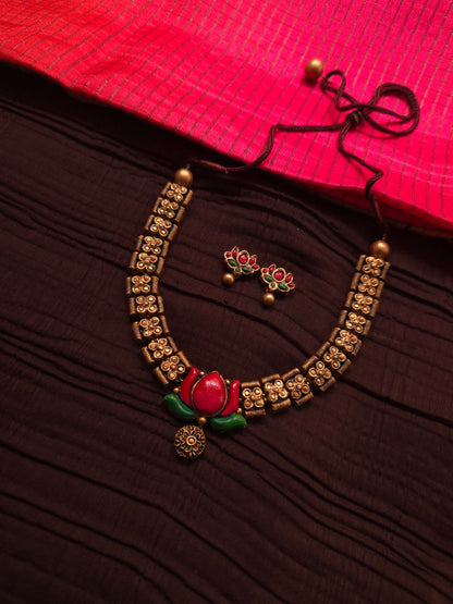 The Padma Pankaj Antique Gold & Crimson Lotus Terracotta Set