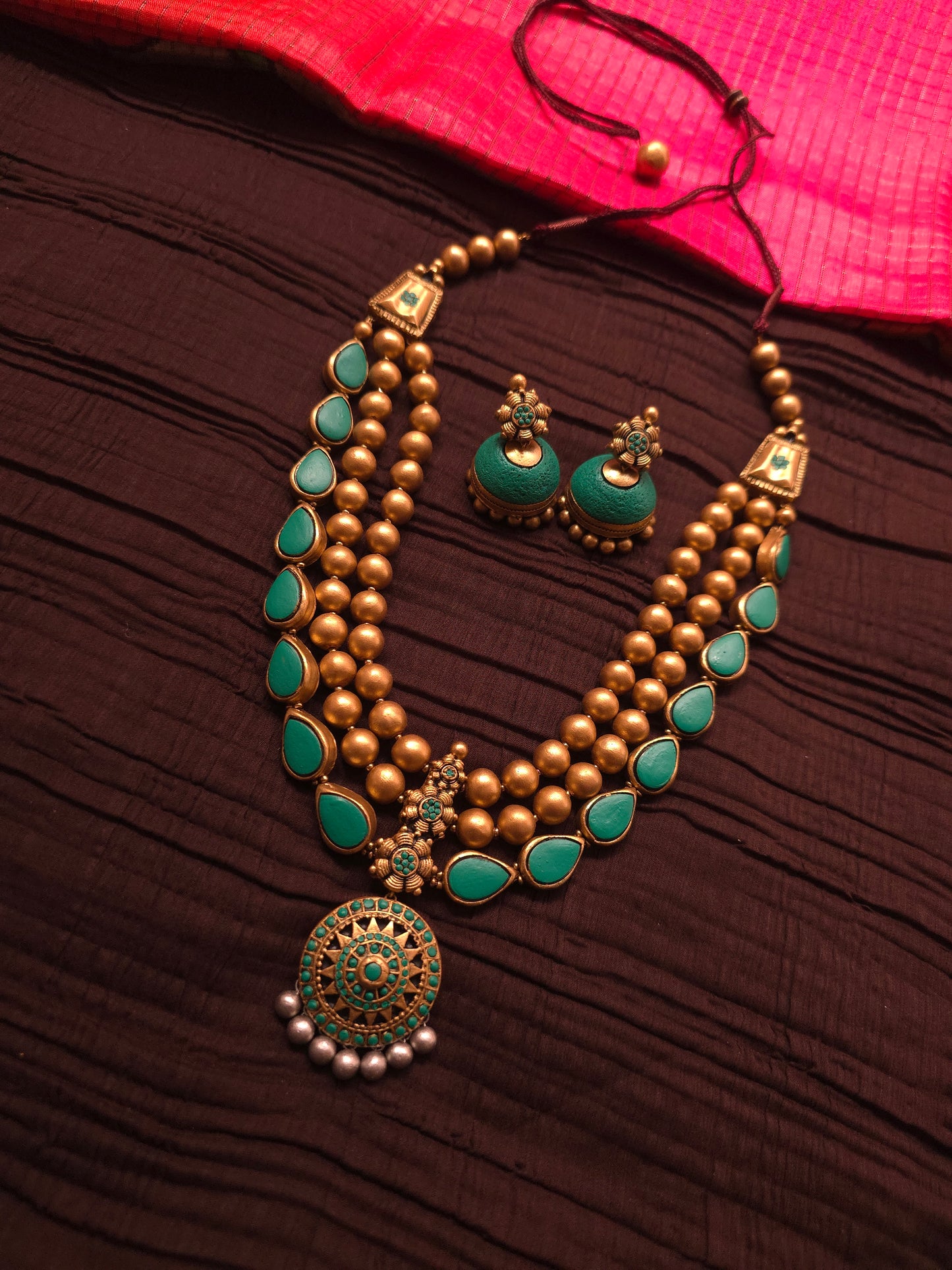 The Turquoise Tarangini Antique Gold Multi-Strand Terracotta Set