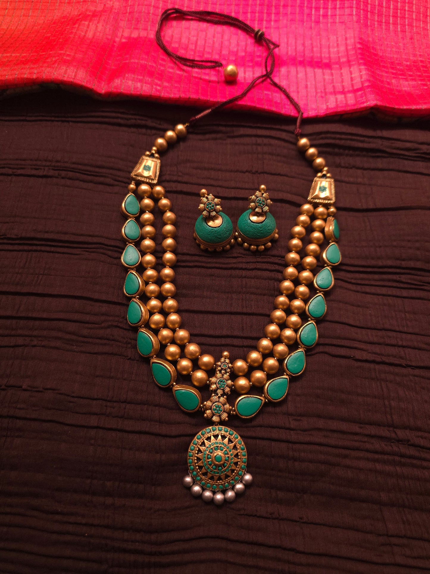 The Turquoise Tarangini Antique Gold Multi-Strand Terracotta Set