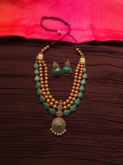 The Turquoise Tarangini Antique Gold Multi-Strand Terracotta Set