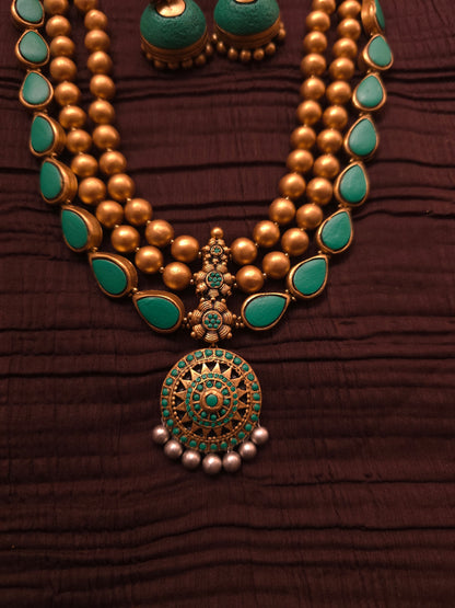 The Turquoise Tarangini Antique Gold Multi-Strand Terracotta Set