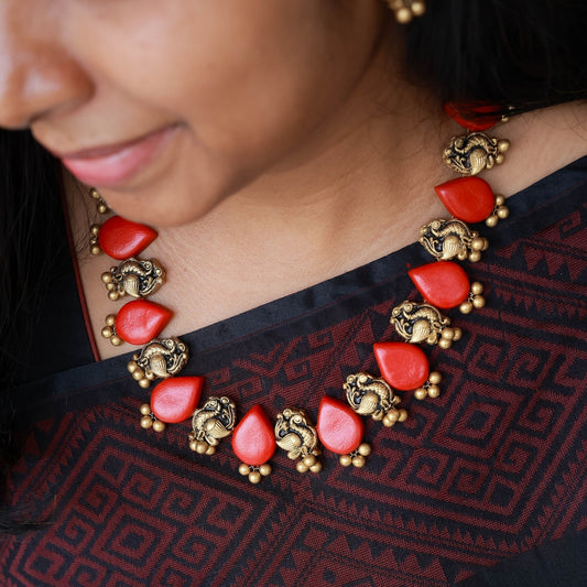 Thivra handmade terracotta peacock earrings antique gold finish