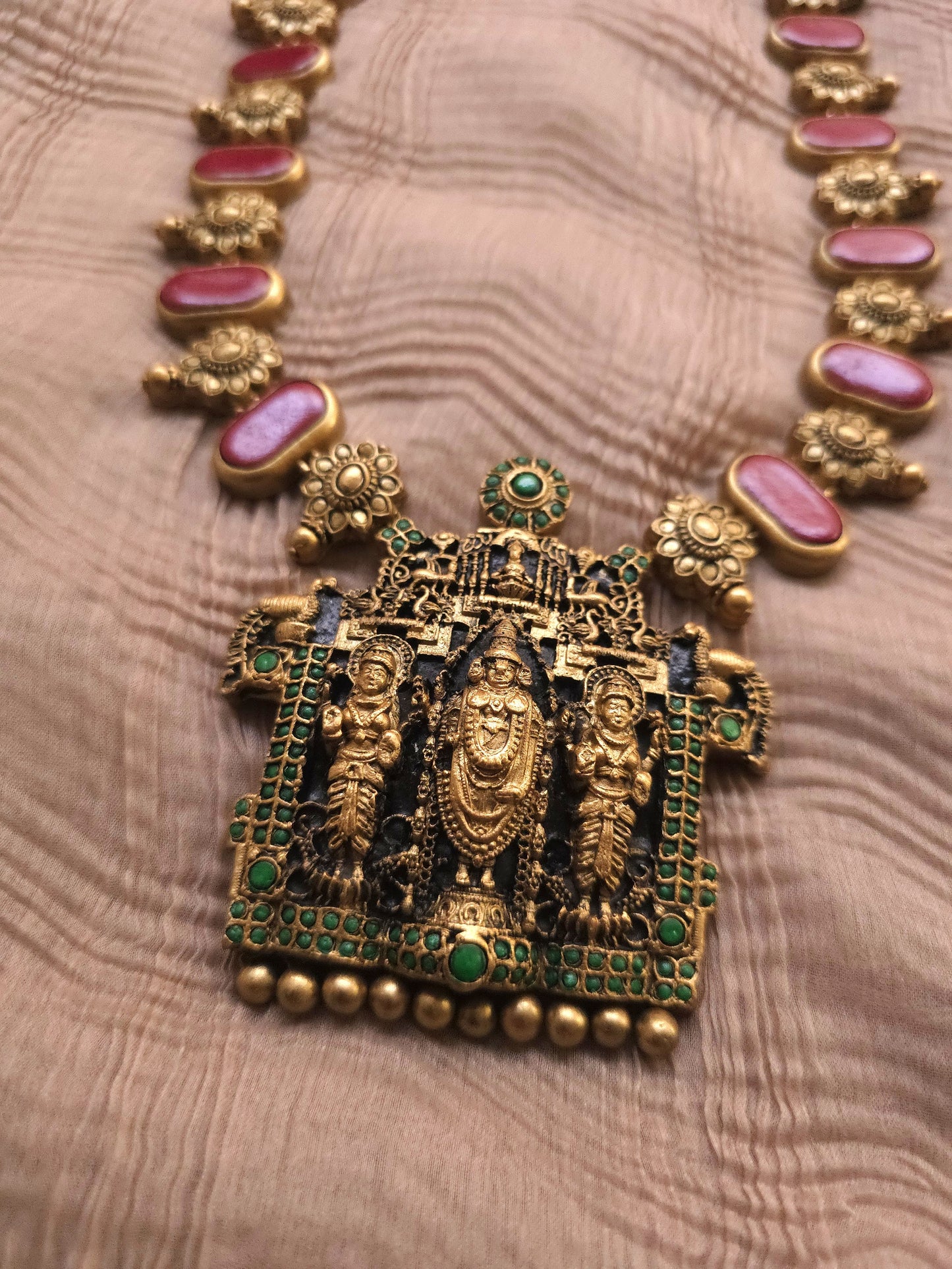 Tirupati Balaji Antique Gold Crimson & Emerald Accent Terracotta Temple Set