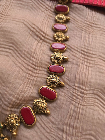 Tirupati Balaji Antique Gold Crimson & Emerald Accent Terracotta Temple Set