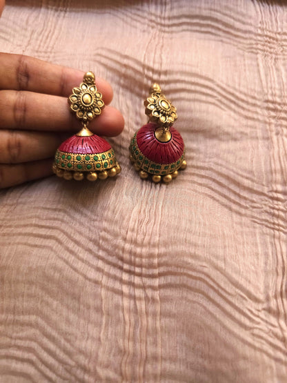 Tirupati Balaji Antique Gold Crimson & Emerald Accent Terracotta Temple Set