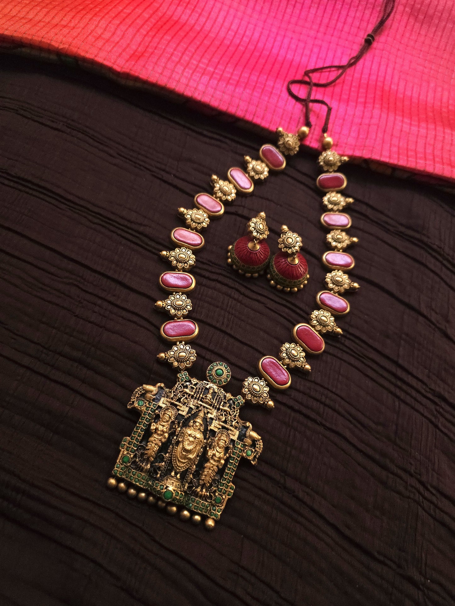Tirupati Balaji Antique Gold Crimson & Emerald Accent Terracotta Temple Set
