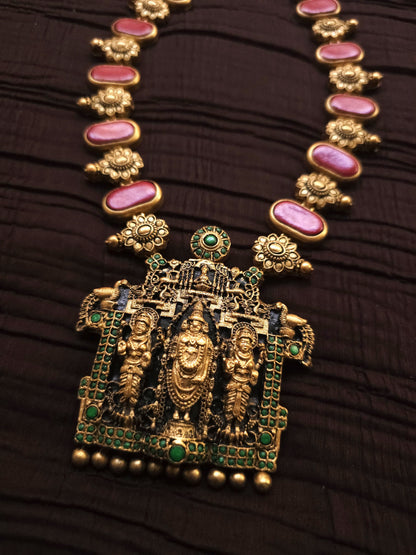 Tirupati Balaji Antique Gold Crimson & Emerald Accent Terracotta Temple Set