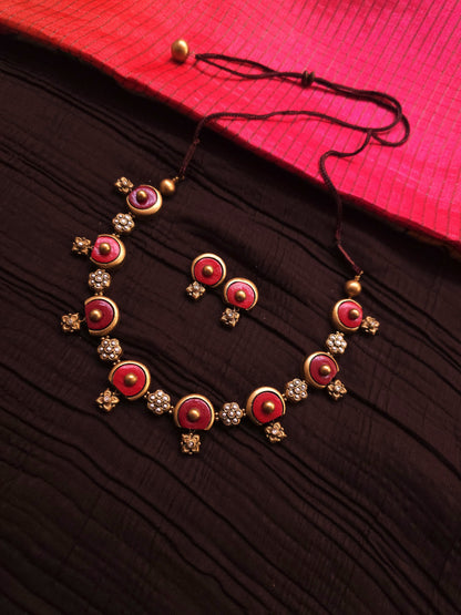 Trishala Antique Gold Crescent & Crimson Red Terracotta Choker Set