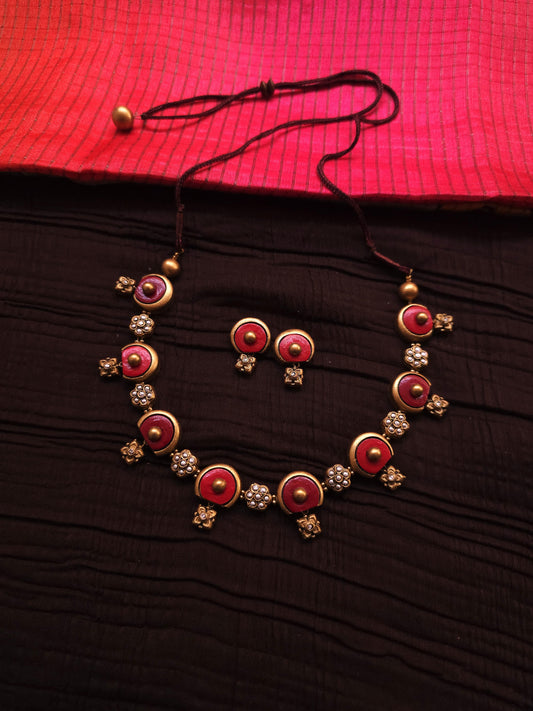 Trishala Antique Gold Crescent & Crimson Red Terracotta Choker Set