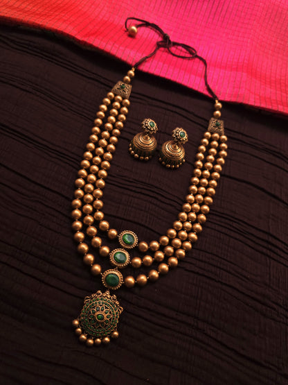 Vaishnavi Antique Gold Three-Layer Bead & Emerald Green Terracotta Set