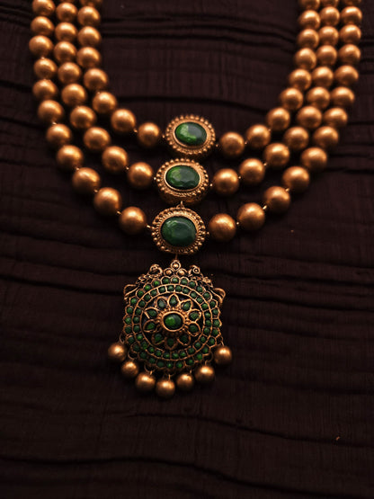 Vaishnavi Antique Gold Three-Layer Bead & Emerald Green Terracotta Set