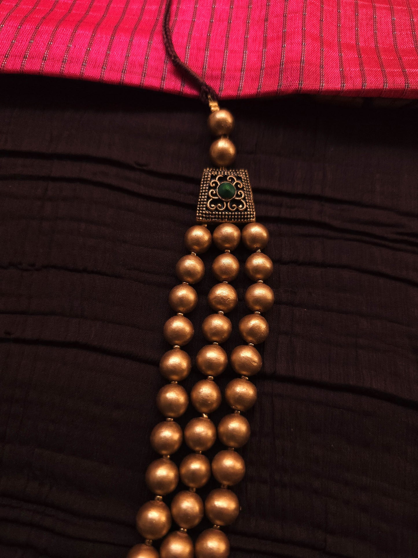 Vaishnavi Antique Gold Three-Layer Bead & Emerald Green Terracotta Set