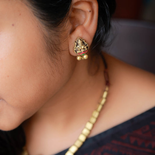 Varnika - Antique gold pink and green lakshmi pendant with flat beads terracotta jewellery