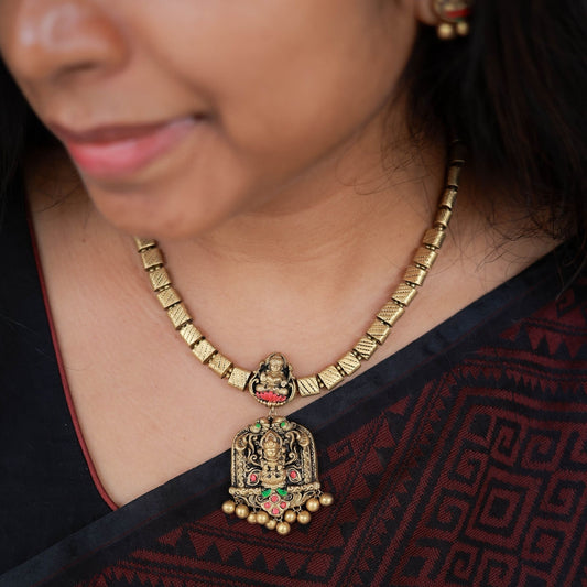 Varnika - Antique gold pink and green lakshmi pendant with flat beads terracotta jewellery