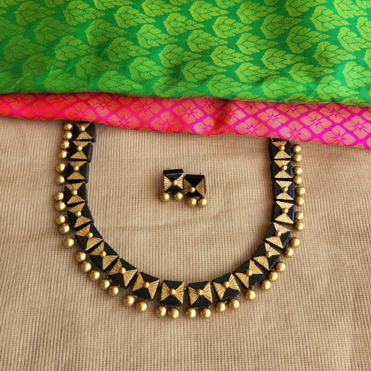 Vizhii - Black and gold square pattern with gold hangings terracotta jewellery