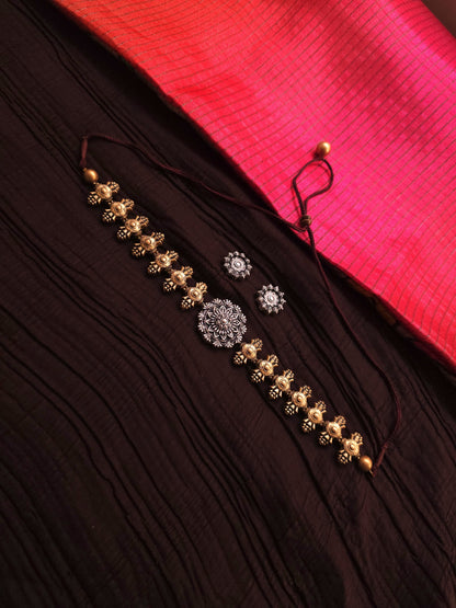 Yamini Dual-Tone Antique Gold & Oxidized Silver Floral Terracotta Choker Set
