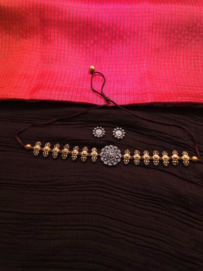 Yamini Dual-Tone Antique Gold & Oxidized Silver Floral Terracotta Choker Set