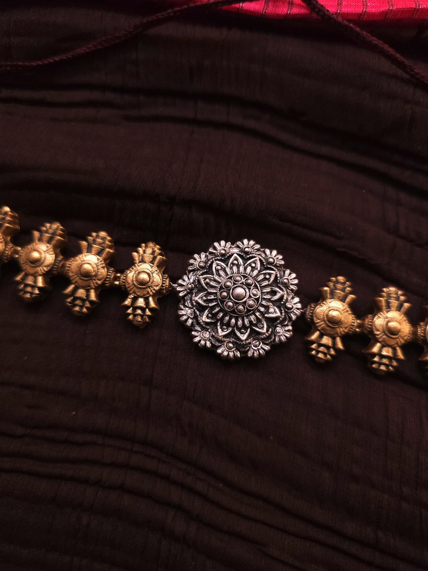 Yamini Dual-Tone Antique Gold & Oxidized Silver Floral Terracotta Choker Set