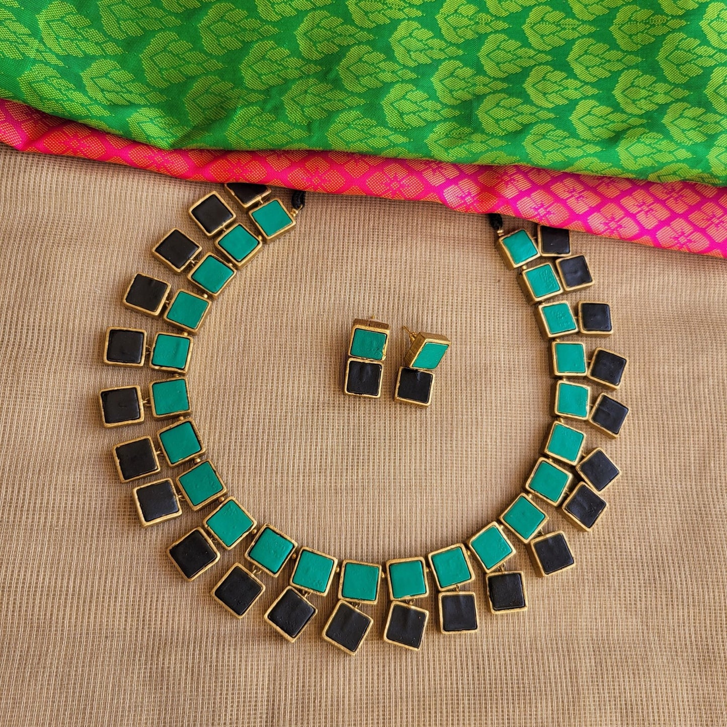 Handcrafted terracotta earrings matching Zyra square necklace1
