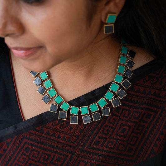 Zyra - Emerald green and black square contemporary necklace terracotta jewellery with matching earrings