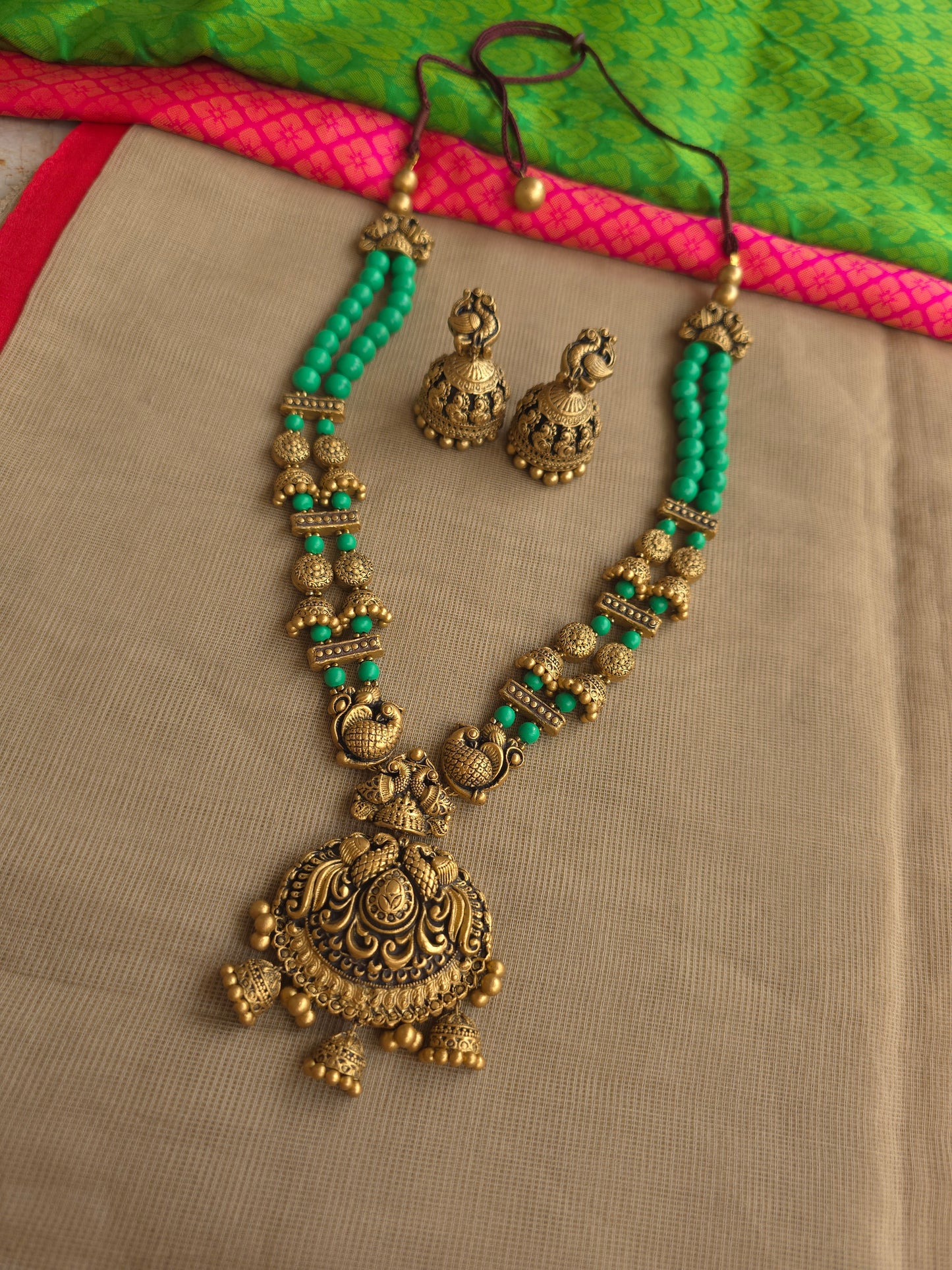 Double layer terracotta necklace green gold tones