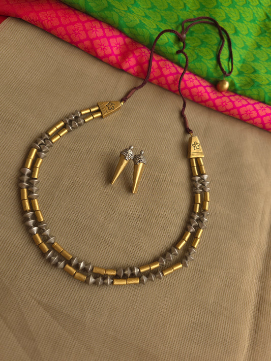 Dual tone terracotta necklace silver antique gold double layer design
