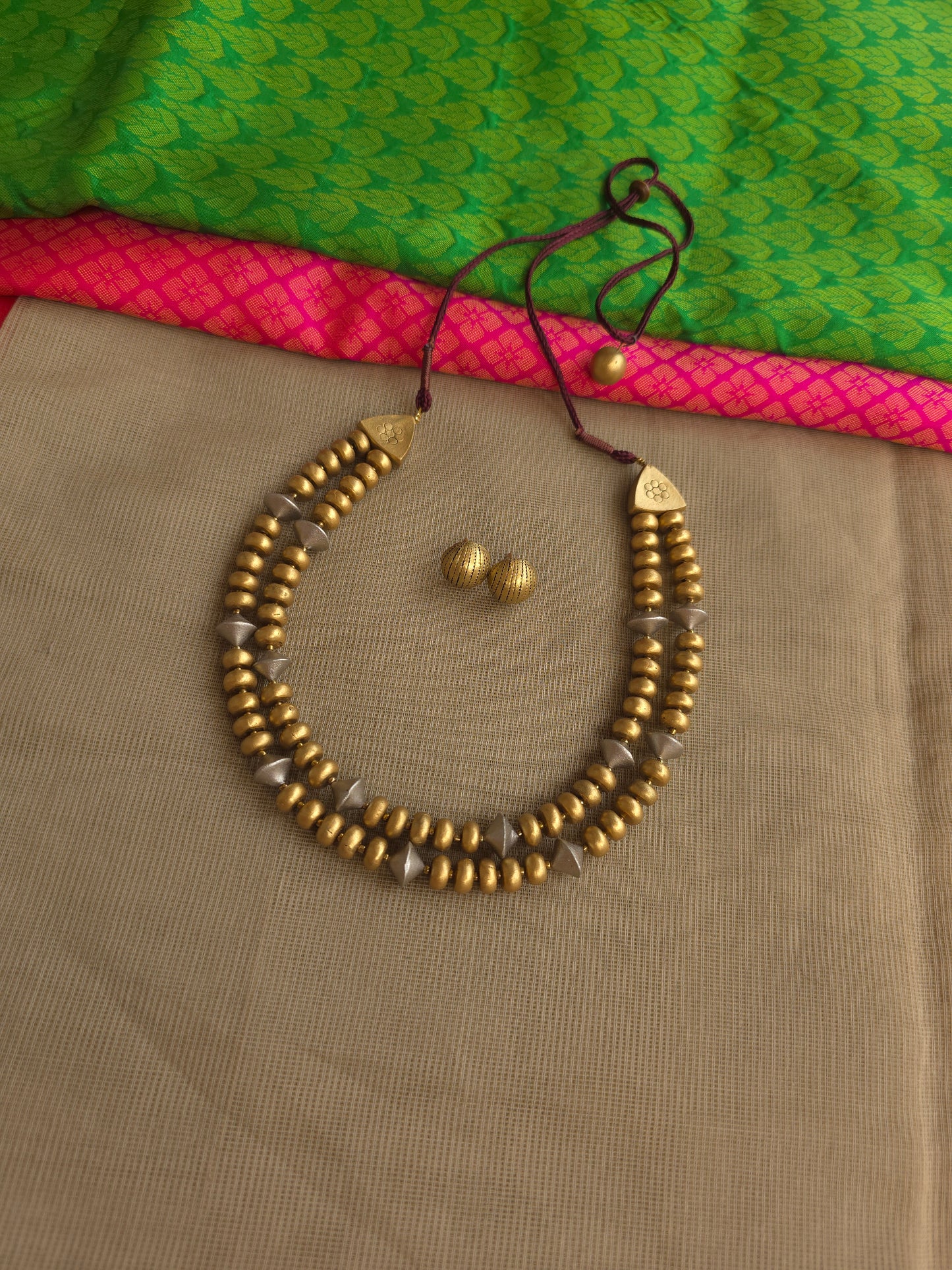 Dual tone terracotta necklace silver antique gold 2 row design