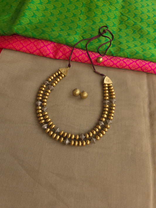 Dual tone terracotta necklace silver antique gold 2 row design