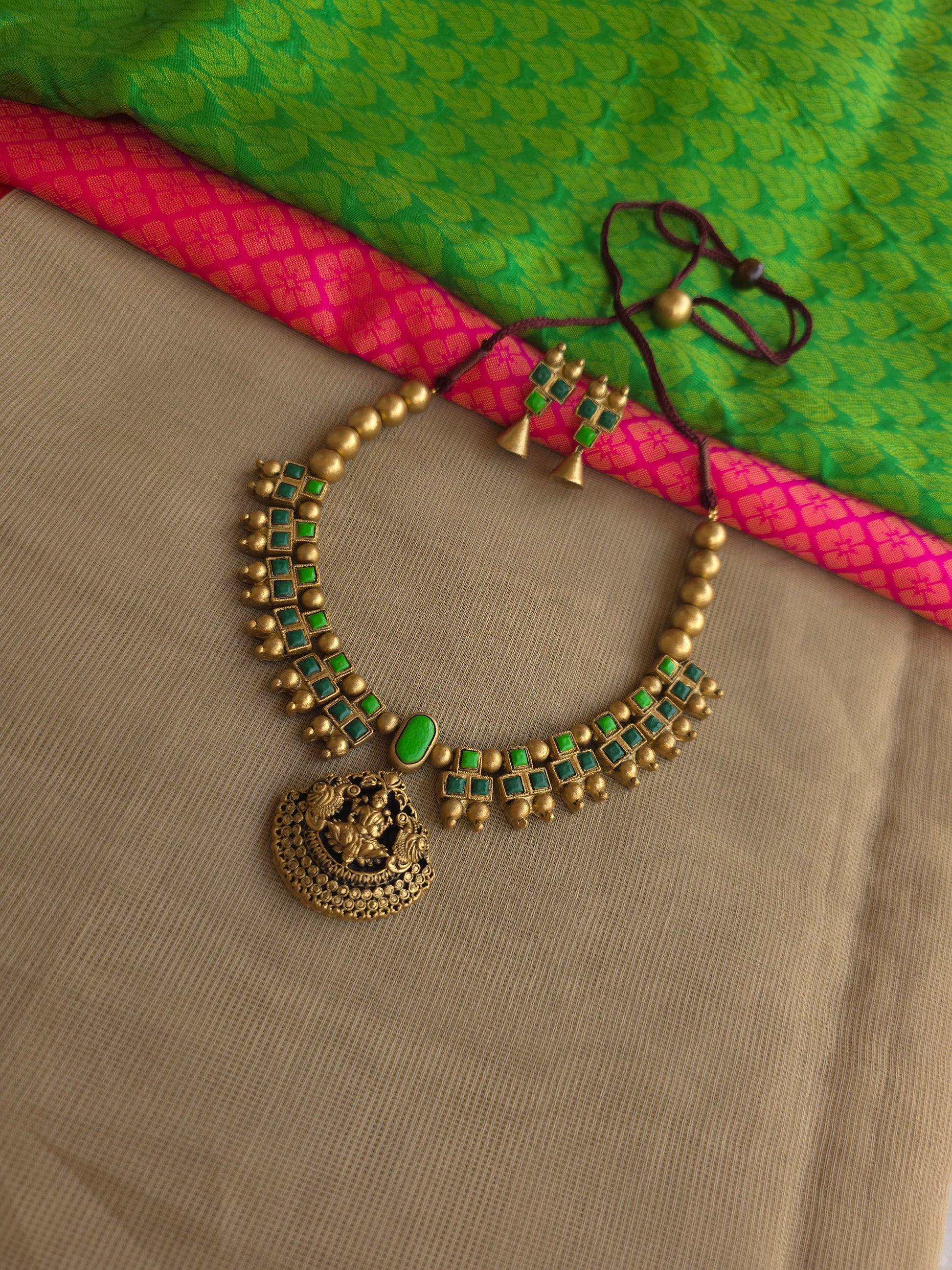Green square lakshmi terracotta necklace temple jewellery