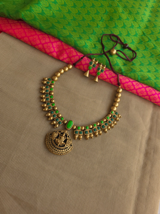 Green square lakshmi terracotta necklace temple jewellery