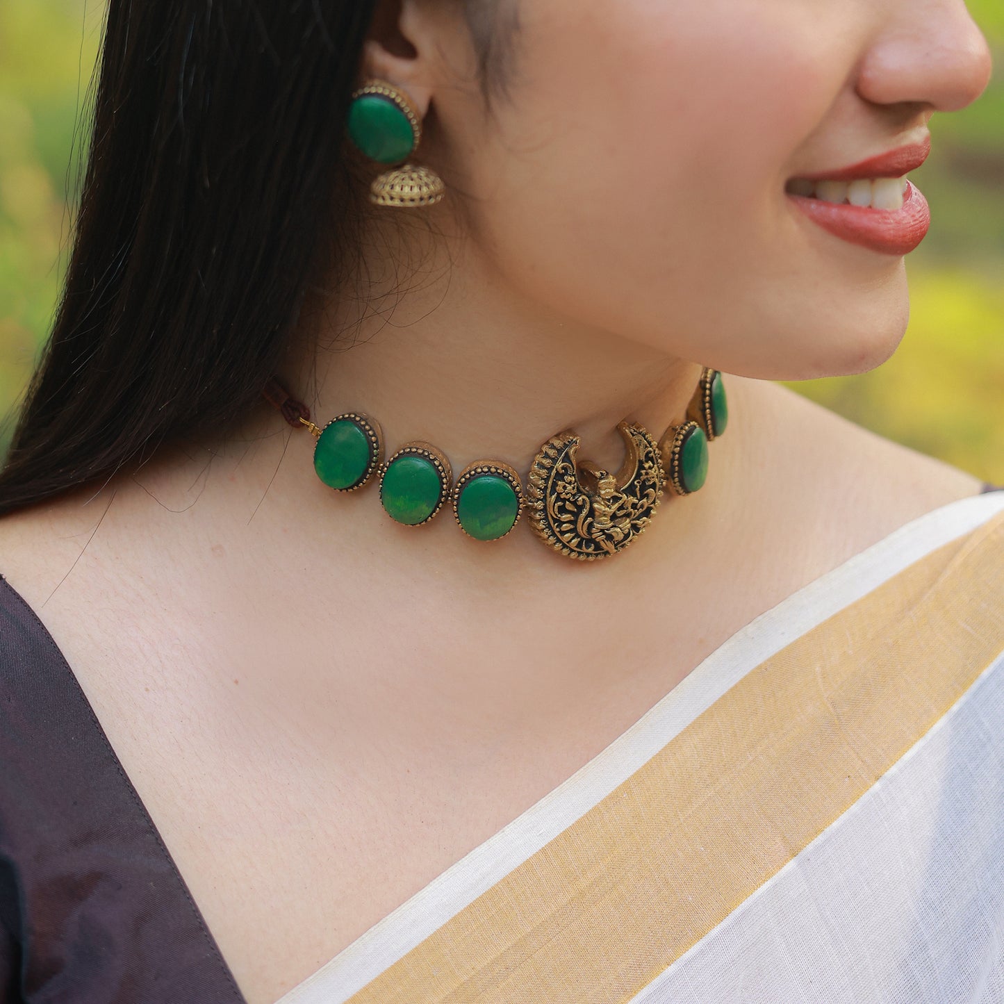 Krishna Green Oval Terracotta Jewellery Set