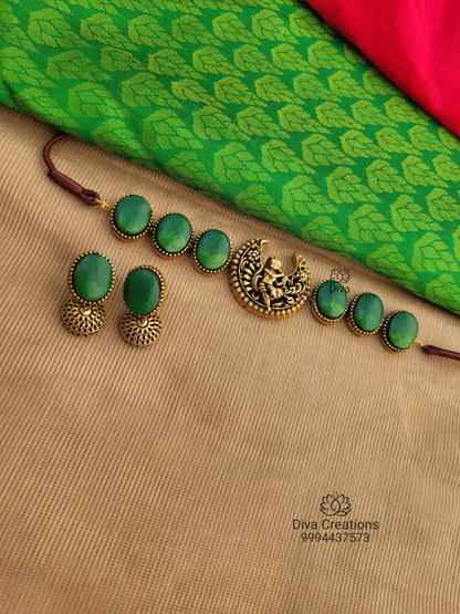 Krishna Green Oval Terracotta Jewellery Set - Terracotta Neckalace & Terracotta Jhumka Earrings