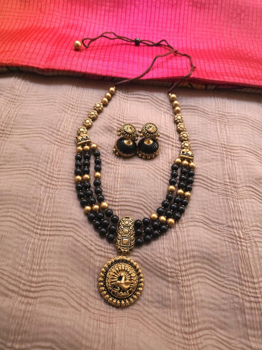 Mayura Antique Gold Peacock Medallion & Three-Layer Jet Black Terracotta Set