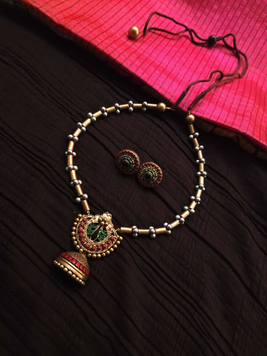 Mayura Jhumka Antique Gold Tubular Bead & Vibrant Multi-Color Terracotta Choker Set