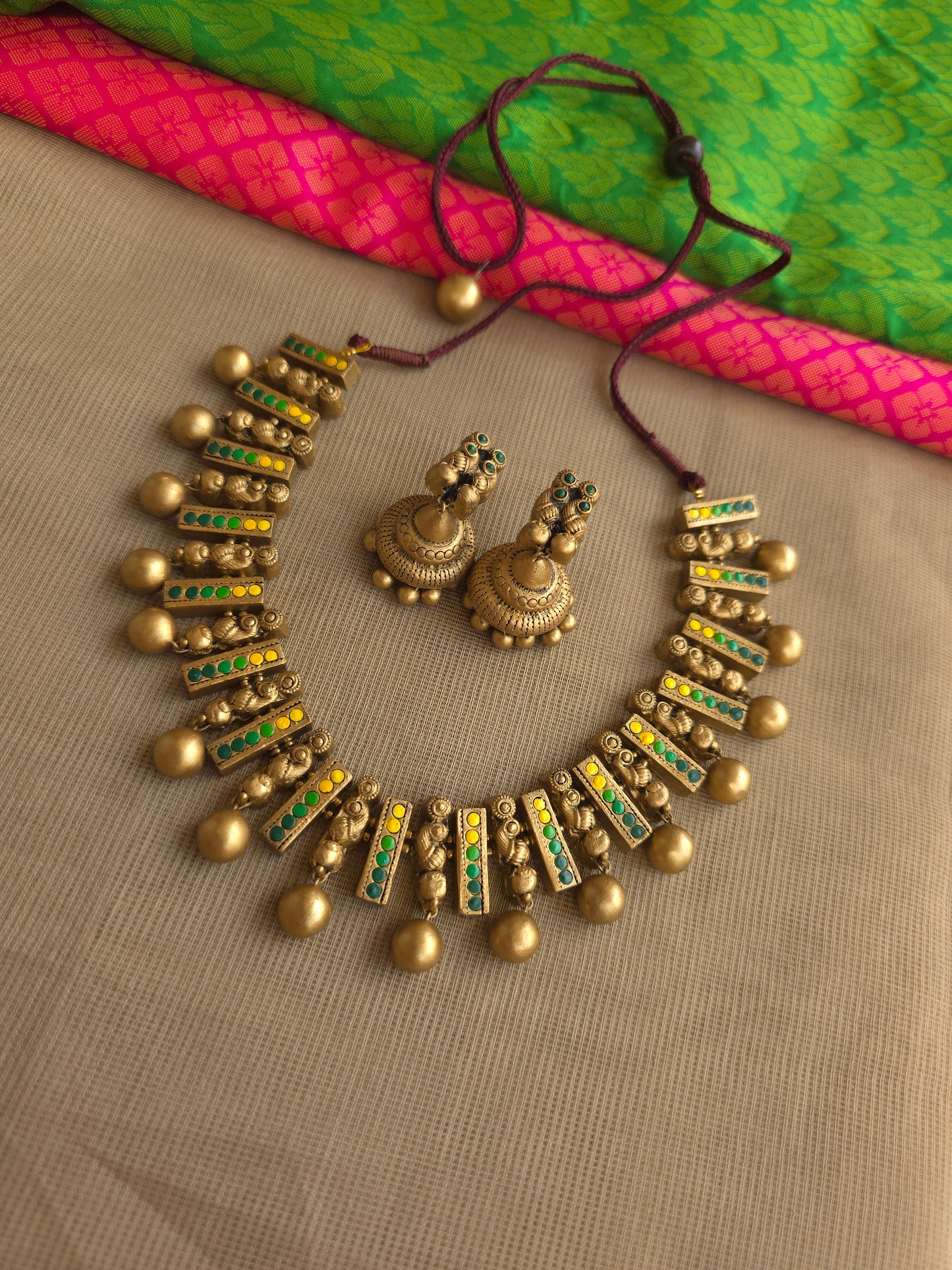 Peacock terracotta necklace yellow green handmade design