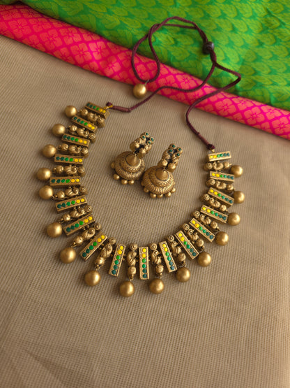 Peacock terracotta necklace yellow green handmade design