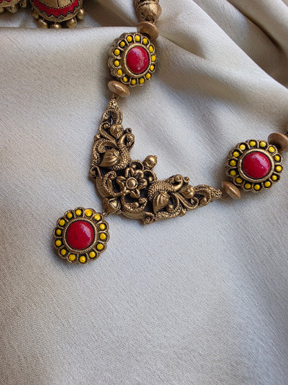 Pink Yellow Mayura Vardhini Terracotta Jewellery