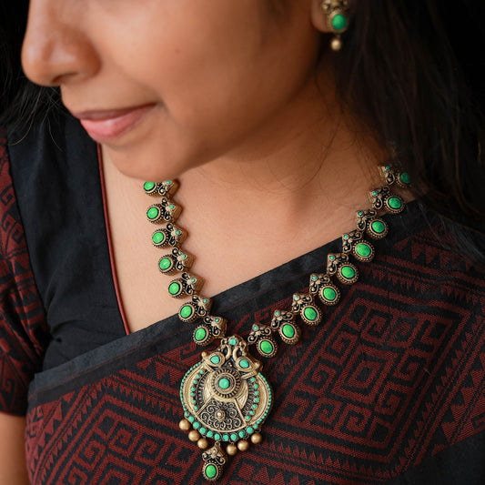 shaarika - Green paisley motif necklace with contemporary antique gold pendant terracotta jewellery with matching earing