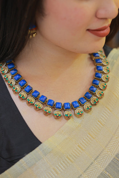 Terracotta Blue Hue Peacock Necklace with Jhumka