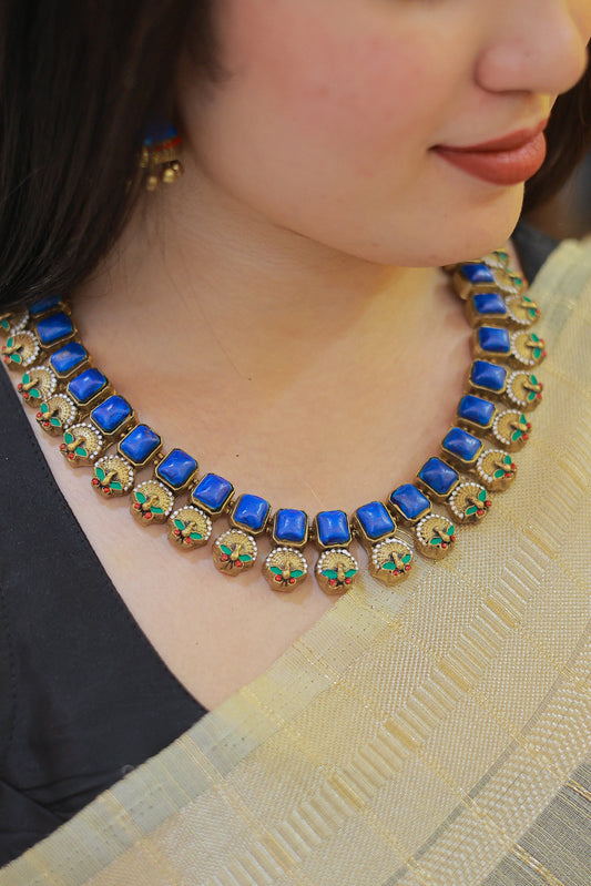 Terracotta Blue Hue Peacock Necklace with Jhumka