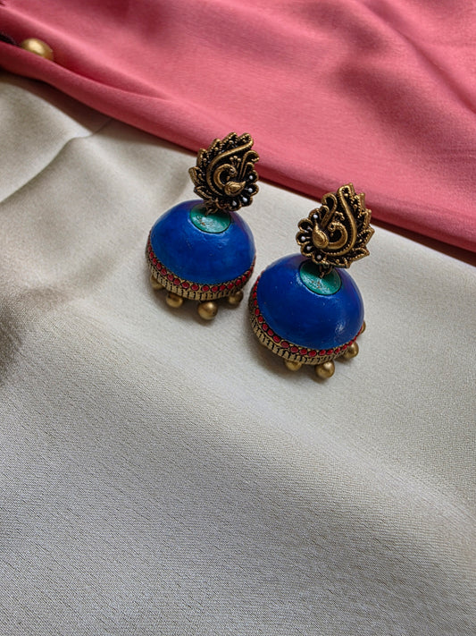 Terracotta Blue Hue Peacock Necklace with Jhumka