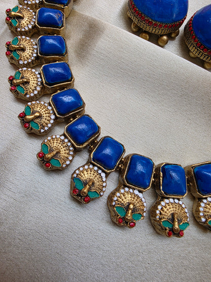 Terracotta Blue Hue Peacock Necklace with Jhumka