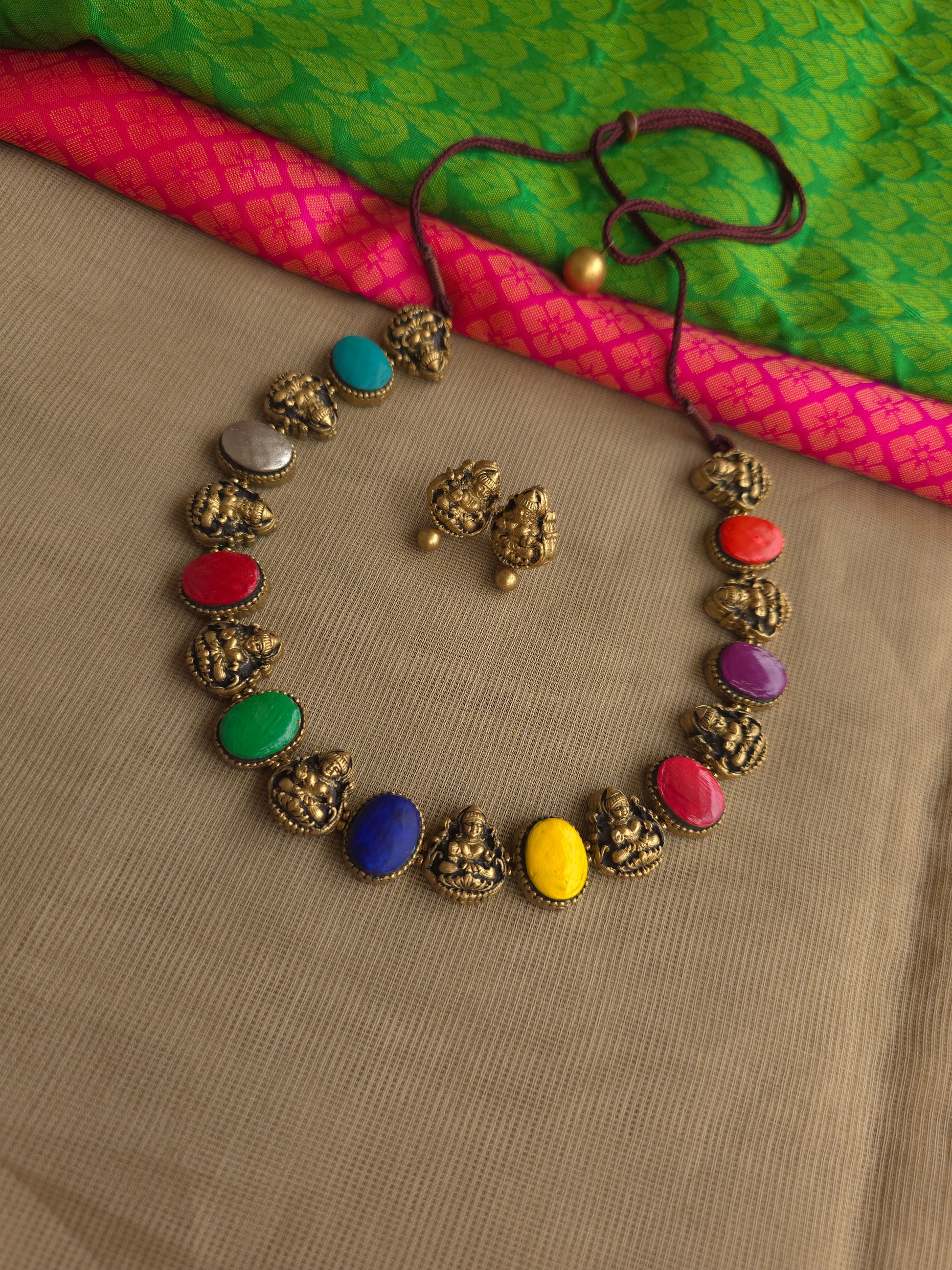Terracotta Lakshmi necklace antique gold navrathana beads