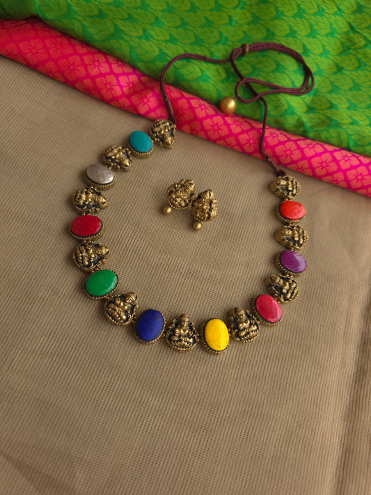 Terracotta Lakshmi necklace antique gold navrathana beads